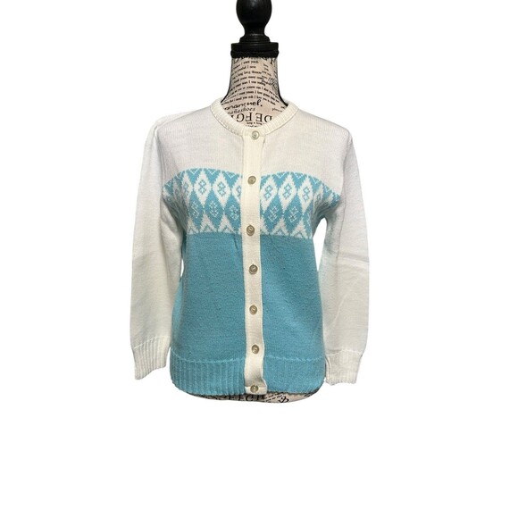 Vintage 1960's Aqua Nordic Style Cardigan Sweater Size Small Whimsical Fairy - Picture 1 of 6